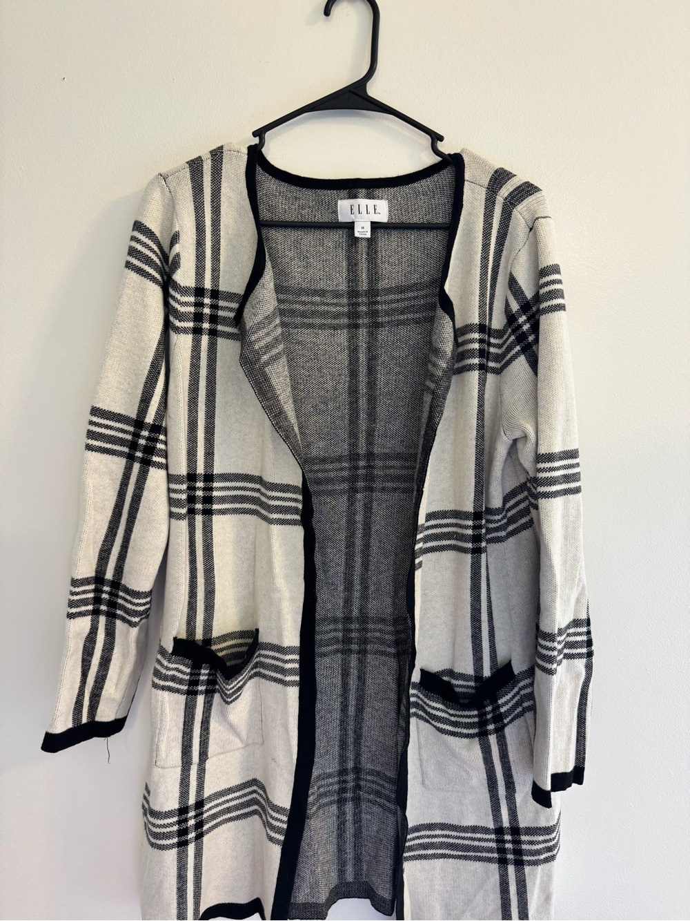 ELLE Cream and Black Plaid Open-Front Cardigan